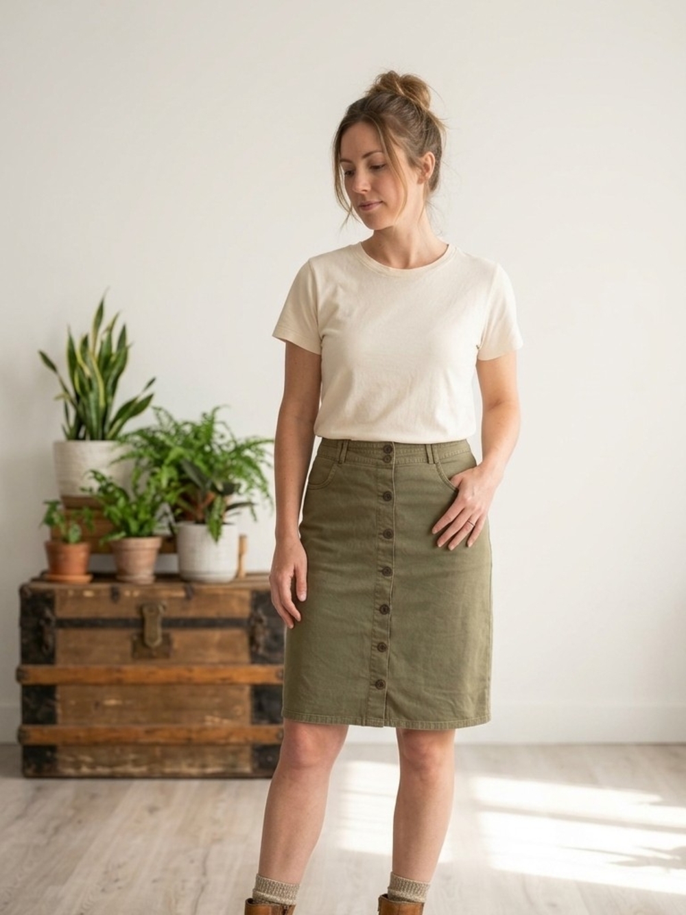 Kim Rogers 14 Button-Front Cotton A-Line Skirt Pockets Olive Modest Minimalist